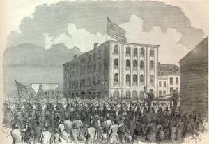 Caption from Harper's Weekly: THE THIRTEENTH REGIMENT NEW YORK STATE MILITIA LEAVING THEIR ARMORY IN BROOKLYN FOR THE WAR, APRIL 23, 1861