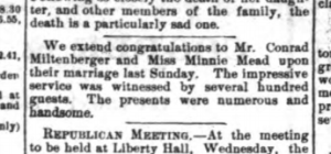 Conrad and Minnie's wedding congratulations in the Hempstead Sentinel. (18 Oct 1888)